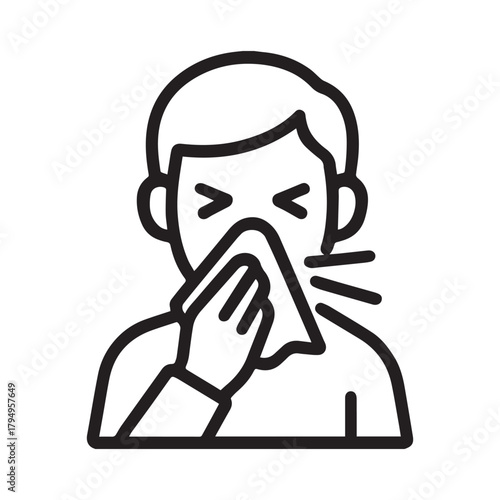 Person sneezing with tissue outline icon vector