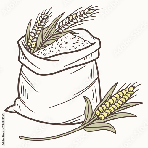 Bag of grain with wheat stalks on a light background Keywords: grain, wheat, bag, sack, agriculture, farming, harvest, food, cereal, crop, raw, ingredient, storage, transportation, rural, natural