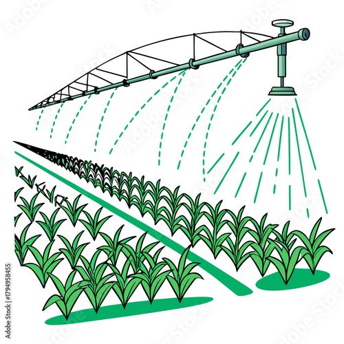 Agricultural irrigation system watering a field of green plants on a white background Keywords: agriculture, irrigation, watering, system, field, plants, crops, farming, technology, water, spray