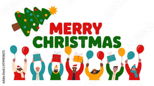 Christmas Cheer and Unity: A heartwarming illustration of festive figures celebrating the holiday season with presents and balloons. conveying the spirit of giving, joy, and togetherness.