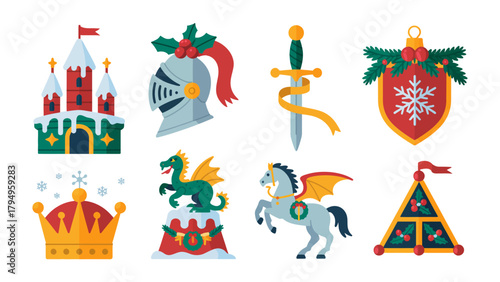 Festive Fantasy Illustrations: A collection of charming, colorful illustrations evoking a whimsical, holiday-themed fantasy. Featuring a snow-covered castle, knight helmet, sword, Christmas ornament.