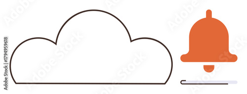 Cloud outline beside an orange bell icon signaling notifications about cloud services. Ideal for technology, communication, data, alerts, updates, security, innovation. Simple flat metaphor