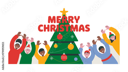 Joyful Holiday Gathering: Illustrative scene of diverse people celebrating Christmas, expressing festive cheer through open arms and smiles around a decorated tree, and text MERRY CHRISTMAS.