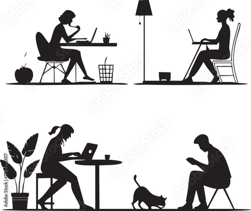 Silhouette vector illustration of people, men, and a woman sitting at a table in a cafe, restaurant, or bar for work, business, or a casual drink