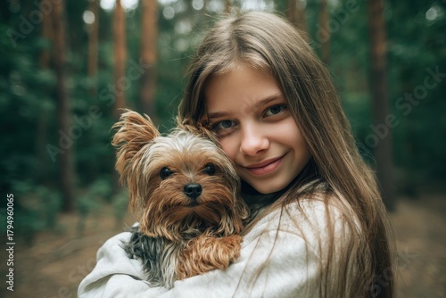 Fototapeta Naklejka Na Ścianę i Meble -  A slender teenage girl with a small Yorkshire terrier enjoying a walk in a forest park emphasizing pet care Focused on the model s long flowing hair