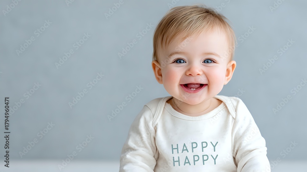Naklejka premium Cheerful Caucasian baby with blonde hair wearing white onesie with 