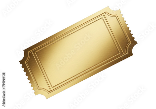Brushed gold ticket with ornate border and perforated edges isolated on a transparent background golden