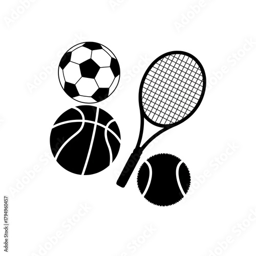 Collection of sports balls and tennis racquet silhouette