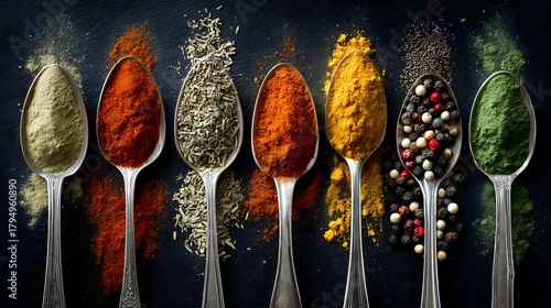 Fototapeta Naklejka Na Ścianę i Meble -  Colorful array of aromatic spices in silver spoons against dark background, showcasing culinary ingredients for global cuisine.
