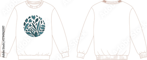 Sweatshirt technical sketch, leaf graphic design, intersect seam annotation, front and back view, fashion garment, flat vector illustration