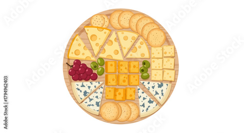 Assorted cheese platter with grapes and crackers on wooden board