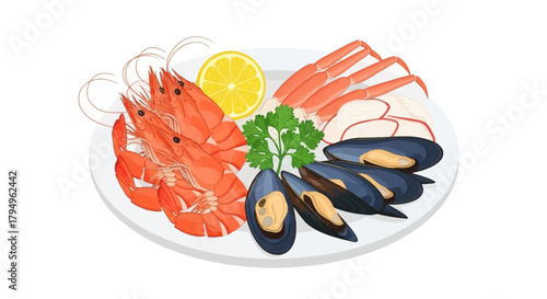 Vector illustration of seafood platter with shrimp and mussels