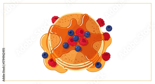 Delicious pancakes topped with fresh berries and syrup on white background