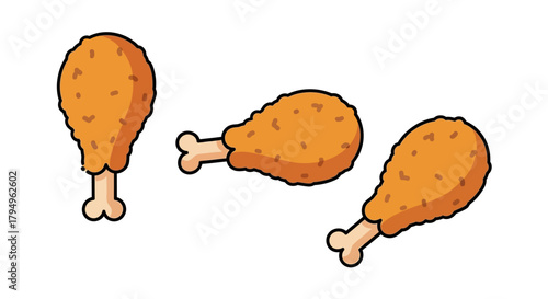 Three cartoon fried chicken drumsticks on white background