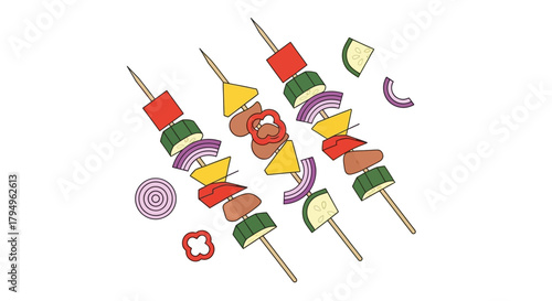Colorful vegetable and meat skewers illustration on white background