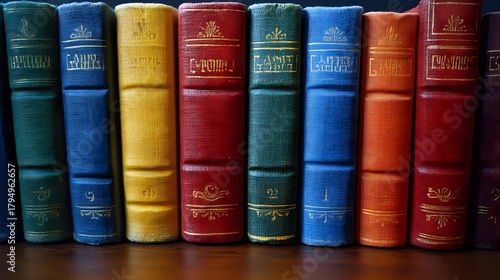 Colorful vintage leather-bound books arranged in a row, showcasing spines with gold embossed titles in various vibrant colors.