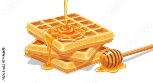 Stack of waffles with honey drizzling on white background