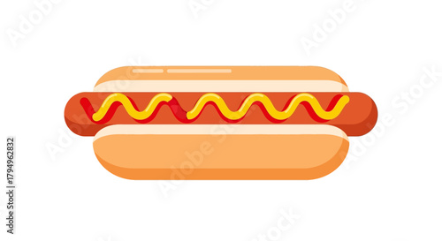 A cartoon hot dog with mustard in a bun isolated on white