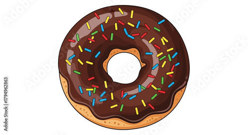 A chocolate doughnut covered in multicolored sprinkles