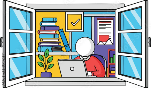 Person working on laptop in brightly lit room with bookshelves and plant seen through open window