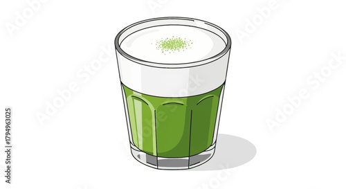 A glass of green matcha latte with foam on a white background casting a grey shadow