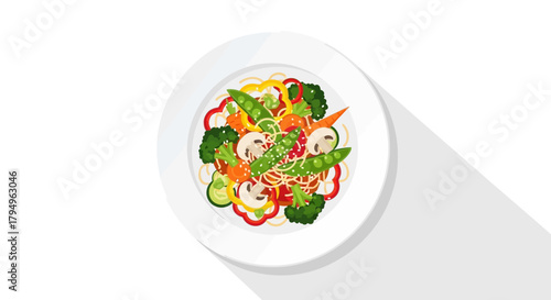 A dish of vegetable stirfry with noodles on a white plate casting a shadow on a white surface