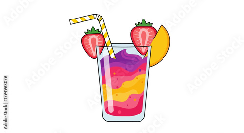 A glass of layered smoothie with strawberries and mango slice straw multilayered drink