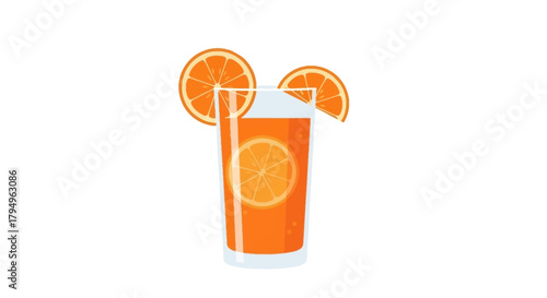 A glass of orange juice adorned with orange slices stands on a white surface