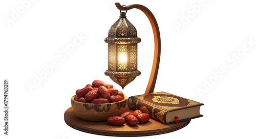 Traditional islamic ramadan lantern with dates and quran book isolated on transparent background