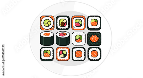 A plate of assorted sushi rolls including round and square shapes with various fillings