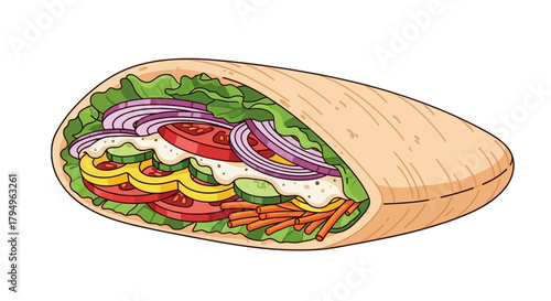 A pita wrap overflowing with lettuce tomato onions cucumbers dressing yellow peppers and shredded carrots