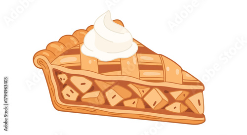 A slice of apple pie with a lattice crust and whipped cream showcasing individual apple chunks