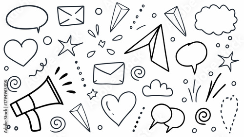 Hand drawn doodle pattern with social media elements and symbols in black and white vector illustration