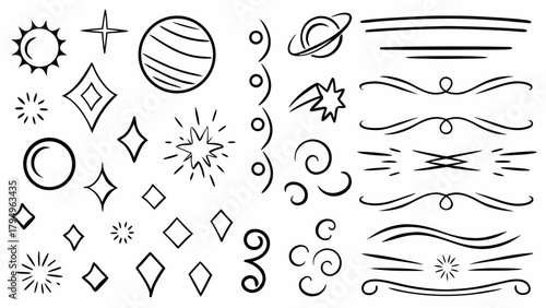 Assorted celestial and decorative elements including stars planets swirls and dividers in black and white style