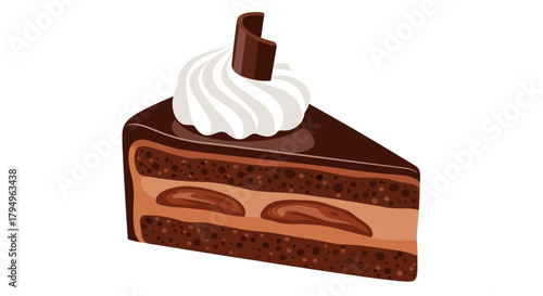 A slice of chocolate cake with cream chocolate icing and a chocolate curl on top