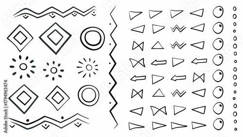 Illustration of hand drawn geometric shapes including circles diamonds triangles and other tribal elements