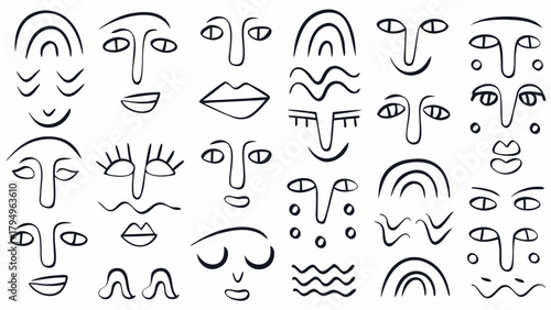 Line art pattern featuring a variety of stylized faces with different expressions and unique features drawn