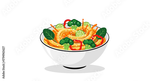 A white bowl with noodles broccoli red peppers spinach limes carrots and sesame seeds on a white background