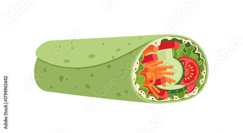 An illustration of a vegetable wrap sandwich with tomato lettuce and carrots in a green tortilla