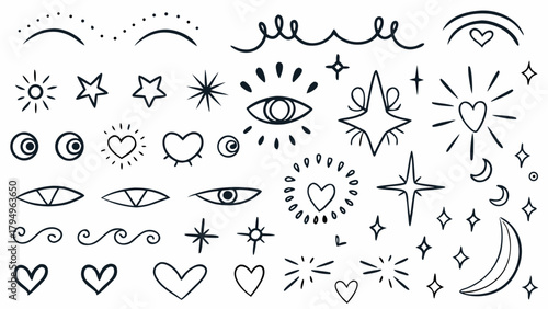 Illustration of assorted hand drawn celestial and mystical elements including stars moons eyes and hearts