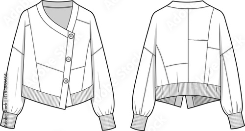 Women's cardigan fashion sketch, asymmetrical button design, voluminous sleeves, ribbed hem, technical garment drawing, flat vector illustration