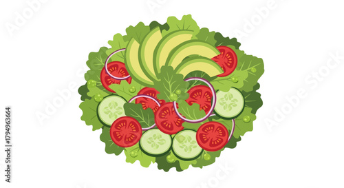 An overhead view of a salad with greens avocado tomato cucumber  red onion