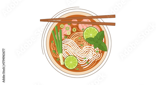 An overhead shot of noodle soup with lime scallions basil chopsticks and shrimp in a white bowl