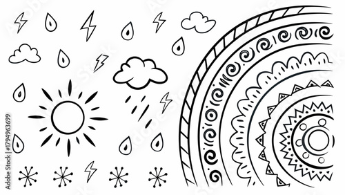 Illustration of weather elements including sun clouds rain lightning snowflakes and a decorative rainbow