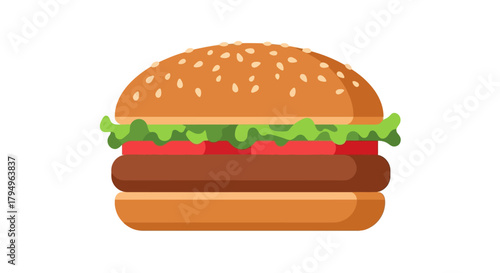 Cartoon burger with sesame bun lettuce tomato and patty