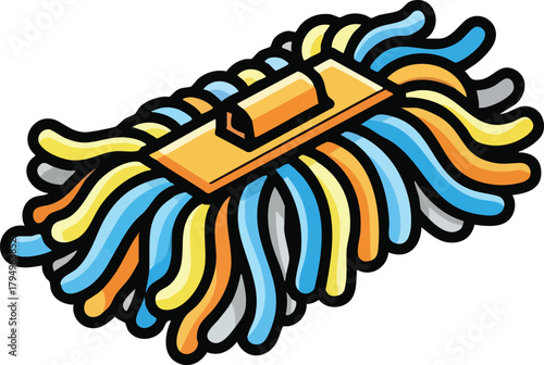 Cartoon mop with multicolored strands and yellow handle on a white background
