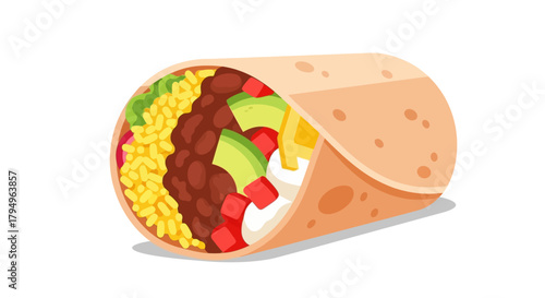 Cartoon burrito with rice beans avocado tomatoes cheese and lettuce in a beige tortilla wrap