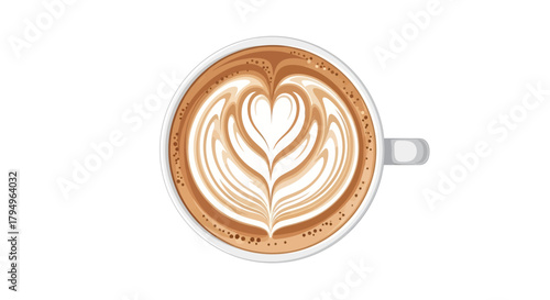 Coffee cup with a heartshaped latte art design viewed from above