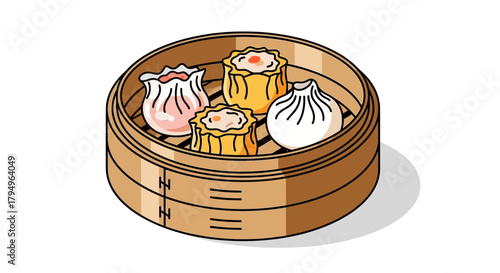 Dim sum steambasket with four dumplings One pink one white two orange Brown bamboo container