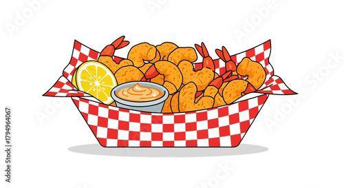Crispy fried shrimp in a red checkered basket with a lemon wedge and sauce